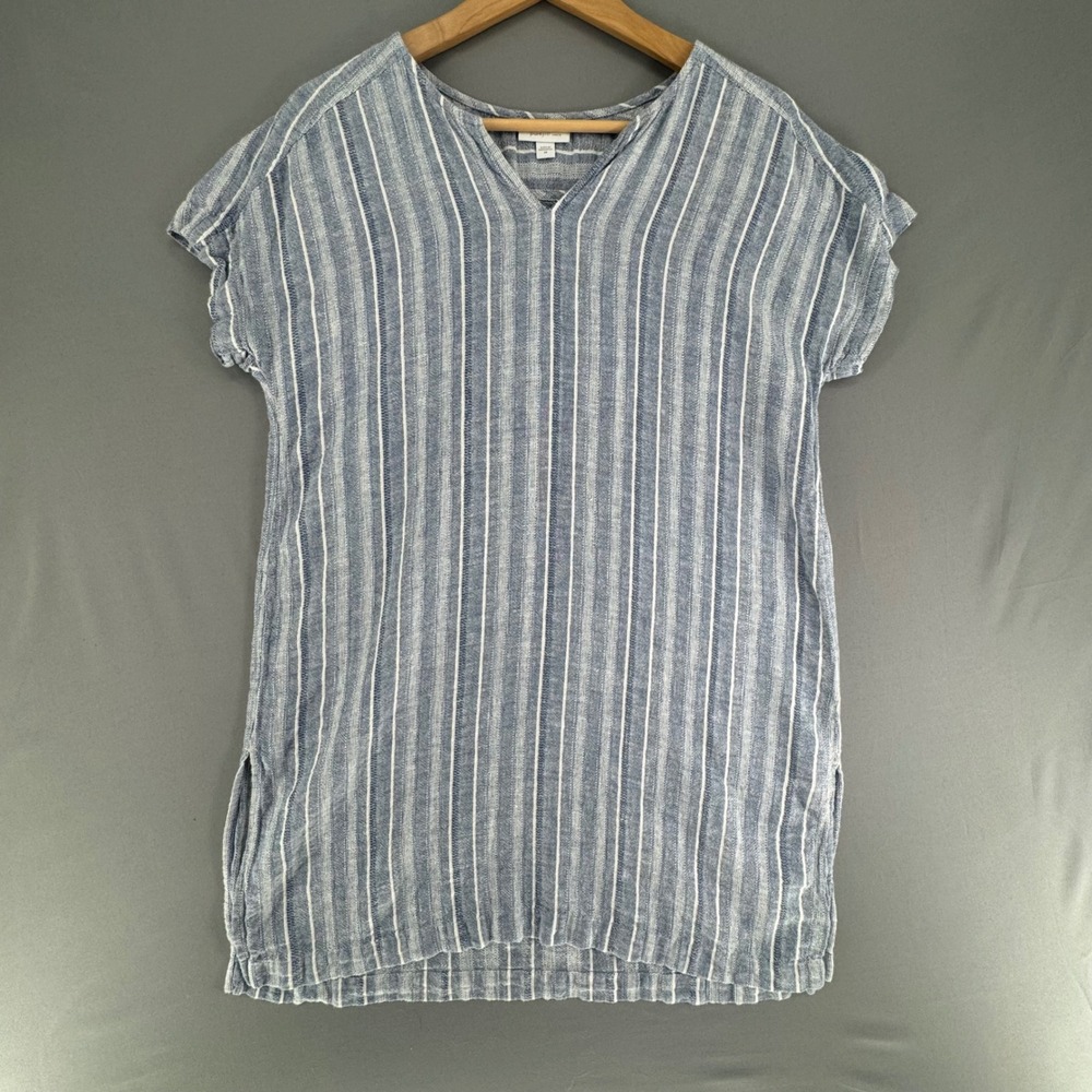 J. Jill Pure Jill Linen Blend Striped V-Neck Tunic Top Blue White XS 26-1233